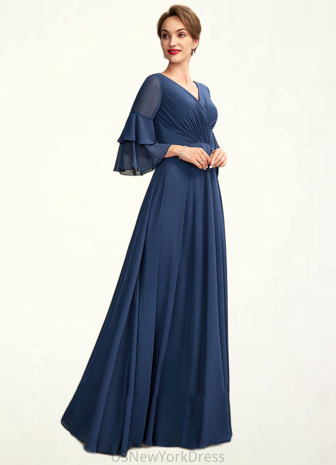 Savannah A-Line V-neck Floor-Length Chiffon Mother of the Bride Dress With Cascading Ruffles DJ126P0015003