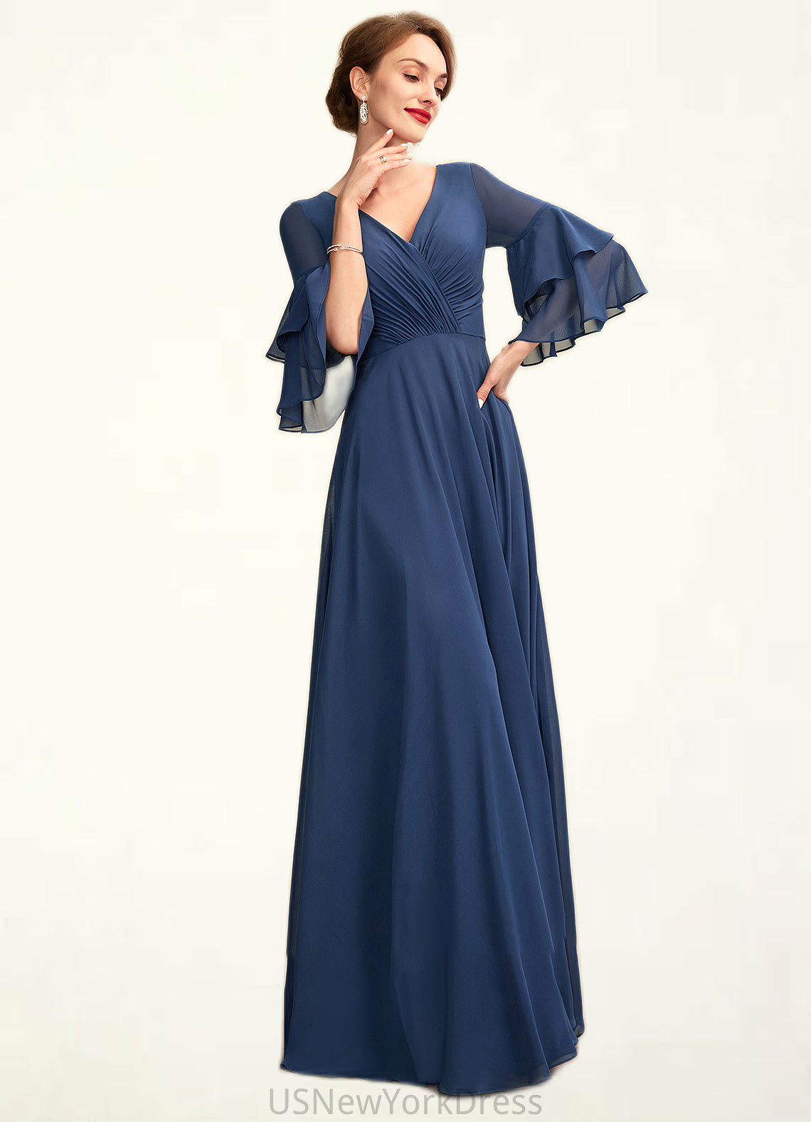 Savannah A-Line V-neck Floor-Length Chiffon Mother of the Bride Dress With Cascading Ruffles DJ126P0015003