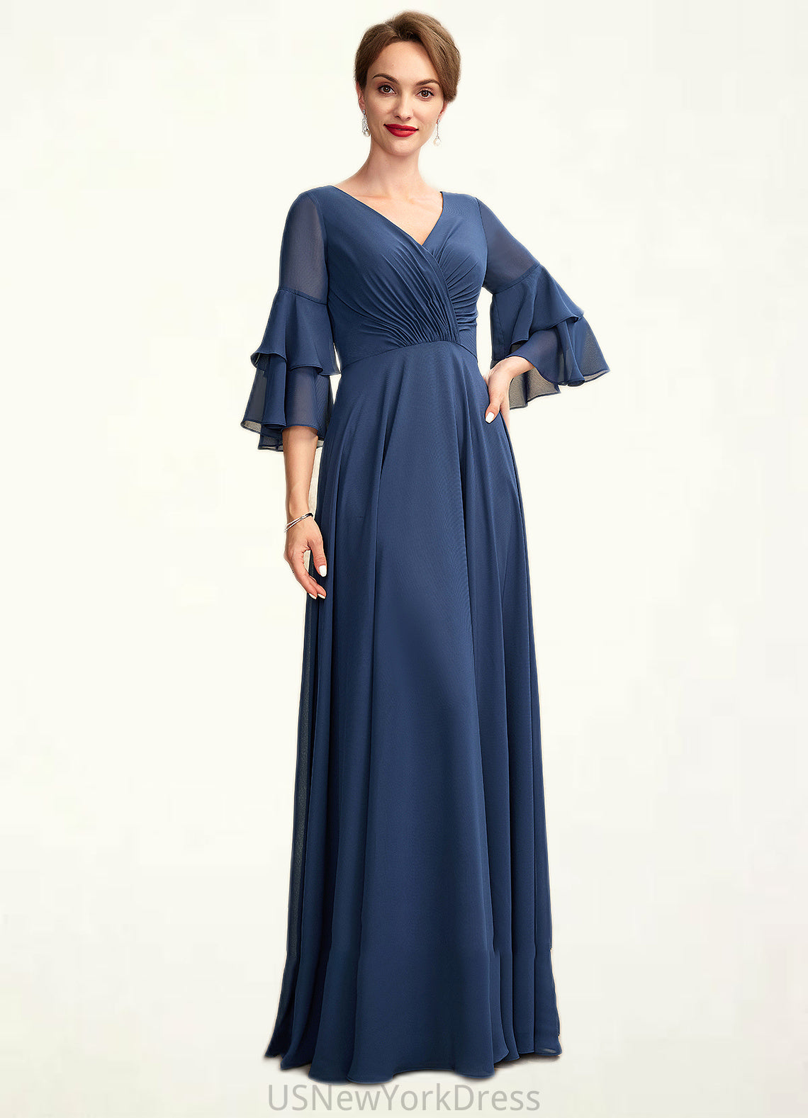 Savannah A-Line V-neck Floor-Length Chiffon Mother of the Bride Dress With Cascading Ruffles DJ126P0015003