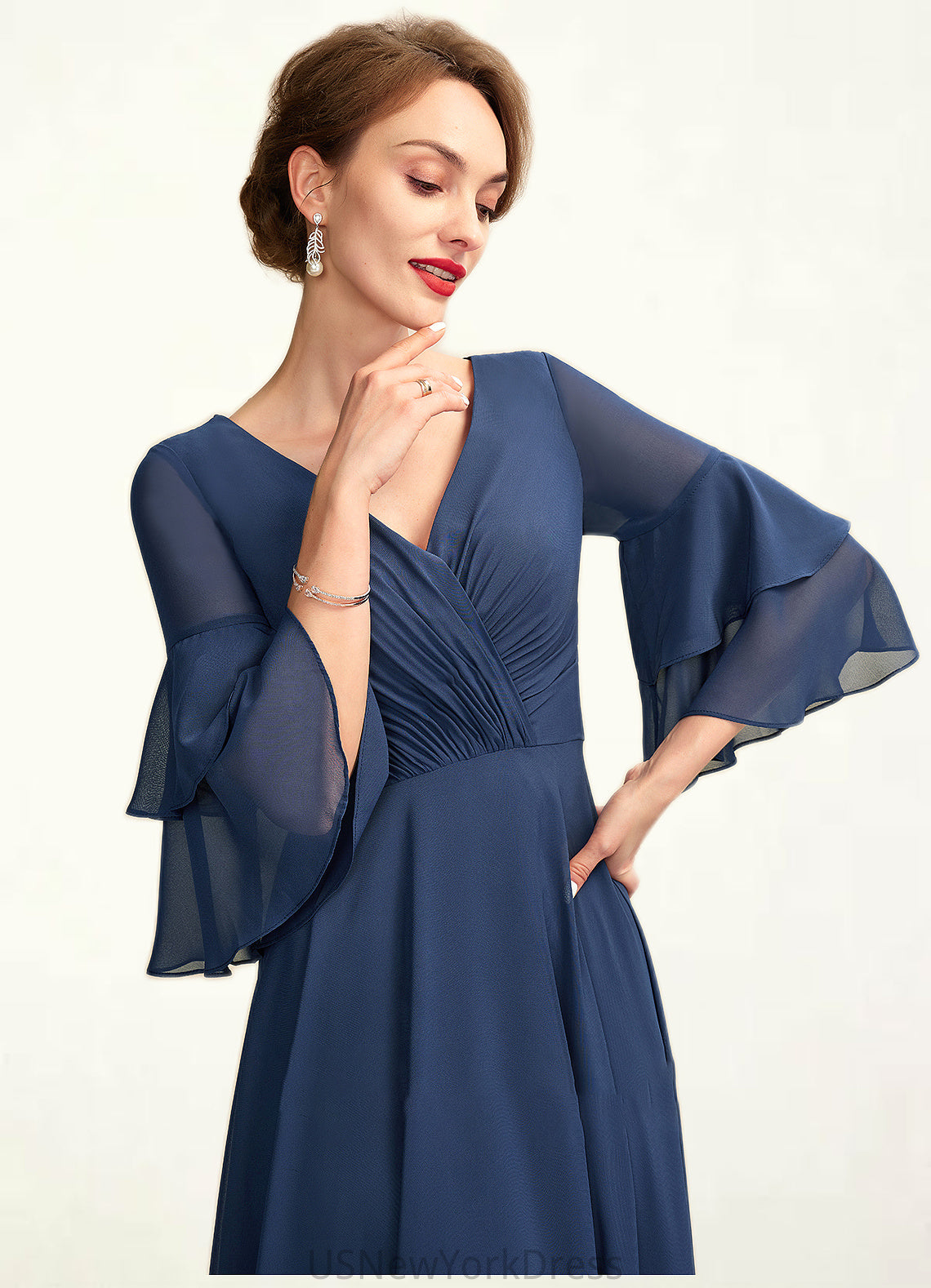 Savannah A-Line V-neck Floor-Length Chiffon Mother of the Bride Dress With Cascading Ruffles DJ126P0015003