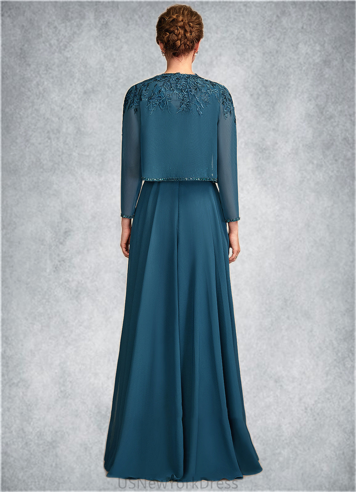 Delilah A-Line V-neck Floor-Length Chiffon Lace Mother of the Bride Dress With Beading Sequins DJ126P0015004