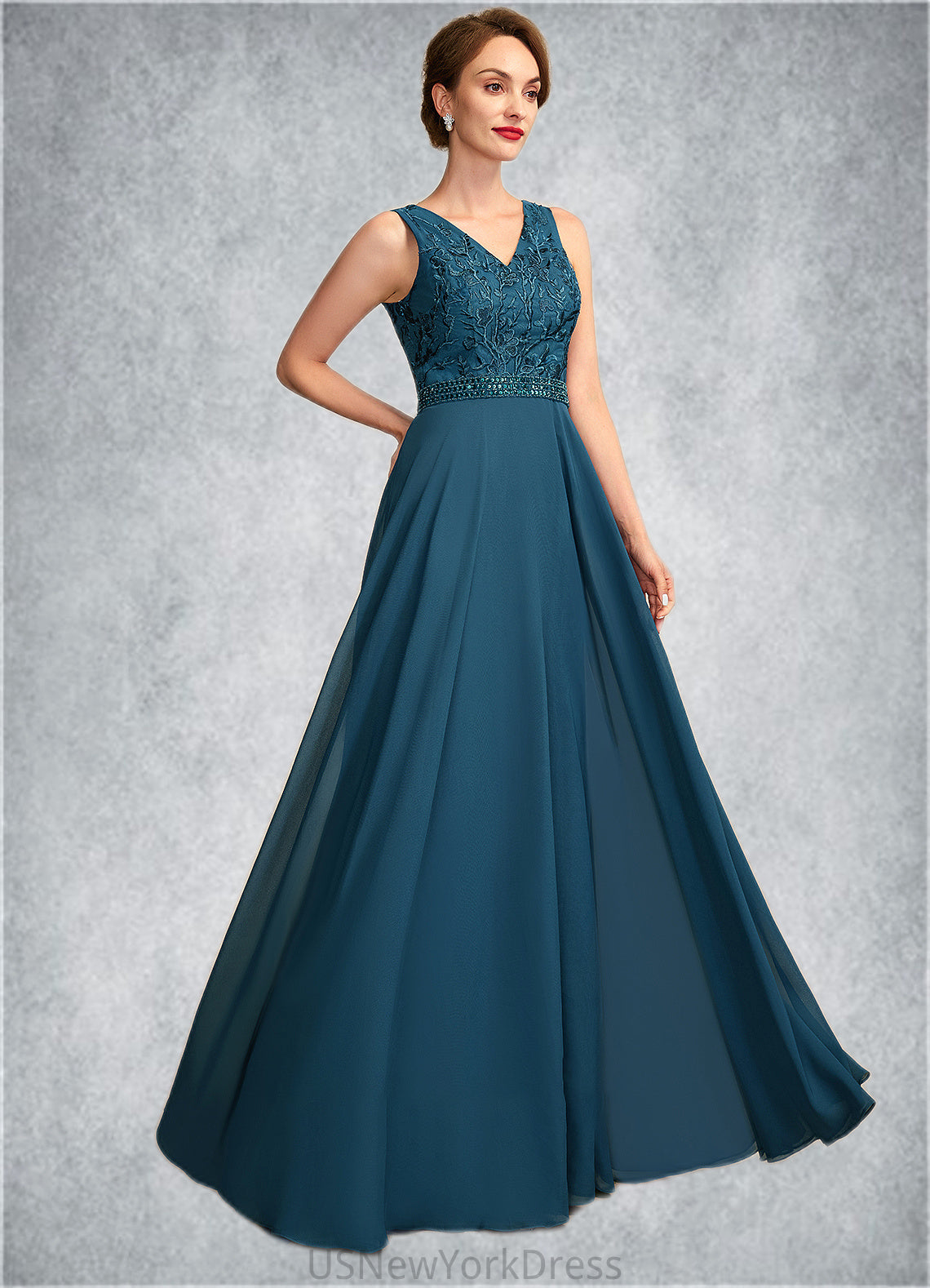 Delilah A-Line V-neck Floor-Length Chiffon Lace Mother of the Bride Dress With Beading Sequins DJ126P0015004