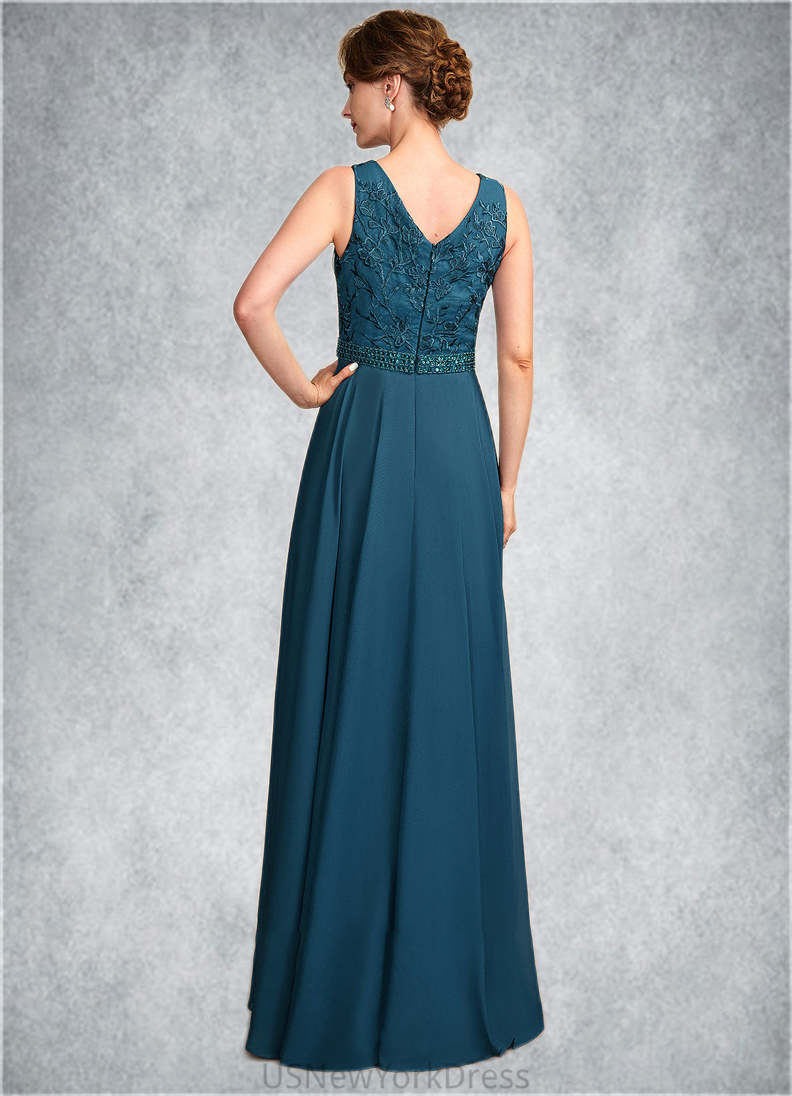 Delilah A-Line V-neck Floor-Length Chiffon Lace Mother of the Bride Dress With Beading Sequins DJ126P0015004