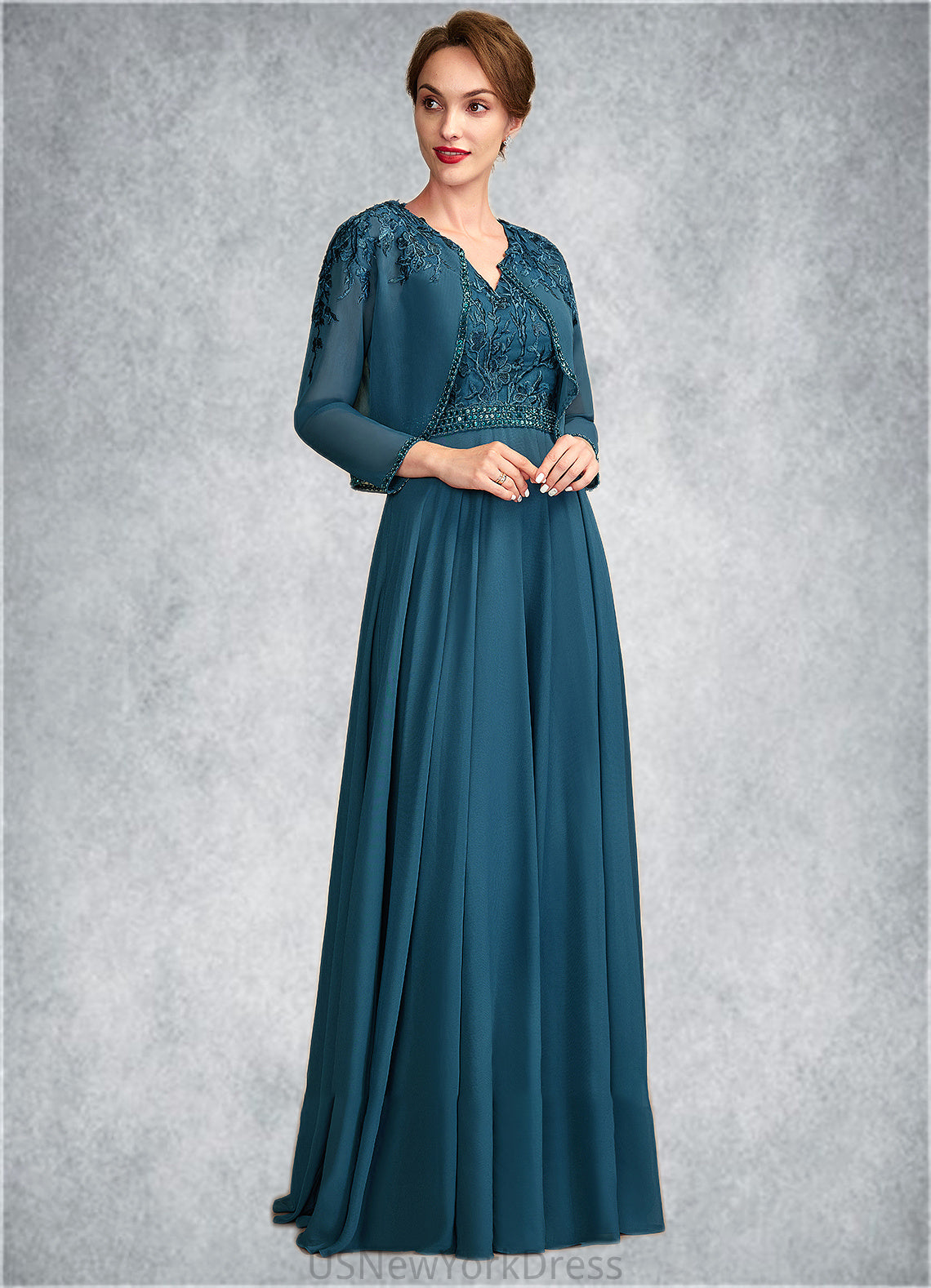 Delilah A-Line V-neck Floor-Length Chiffon Lace Mother of the Bride Dress With Beading Sequins DJ126P0015004