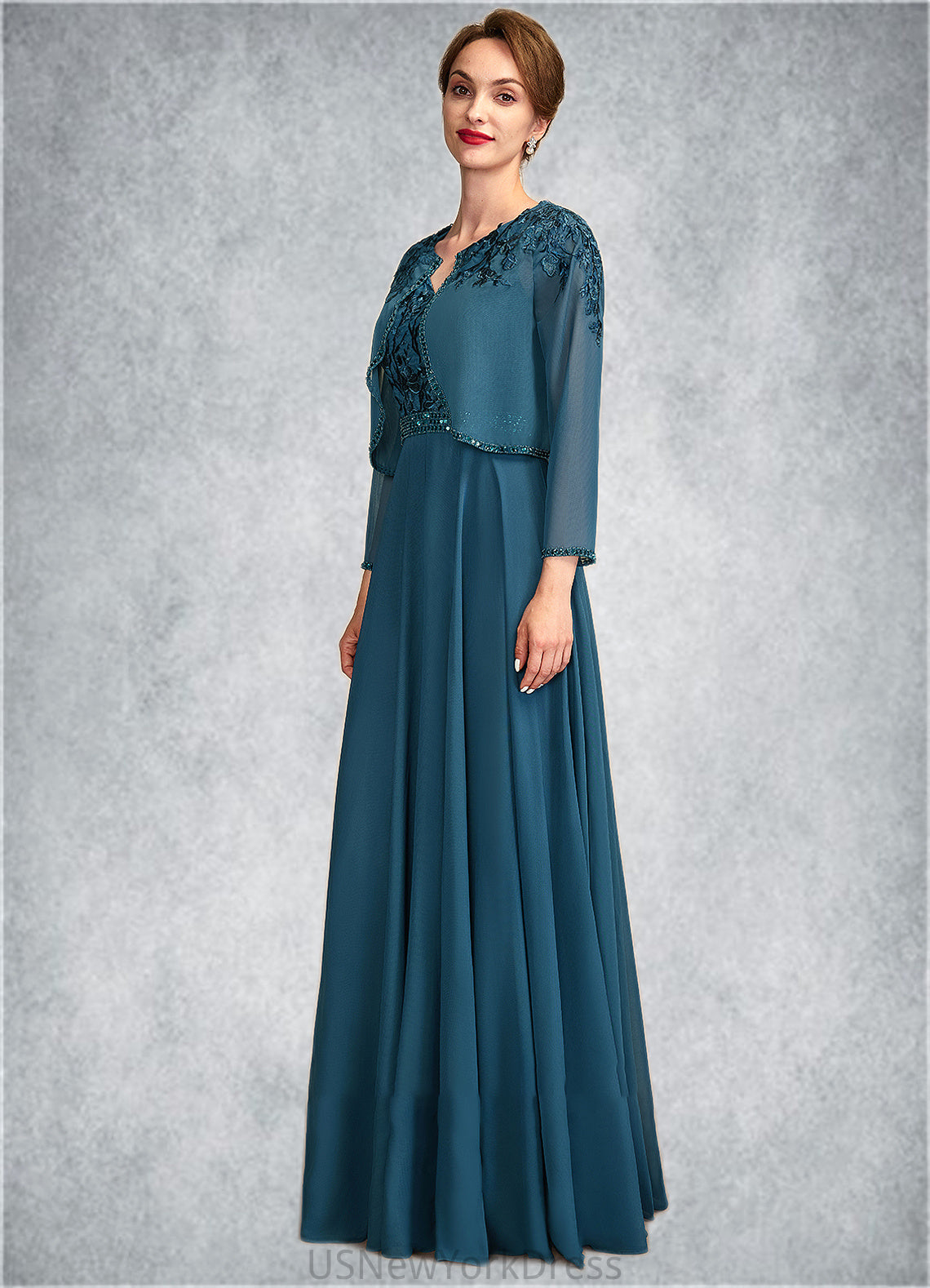 Delilah A-Line V-neck Floor-Length Chiffon Lace Mother of the Bride Dress With Beading Sequins DJ126P0015004