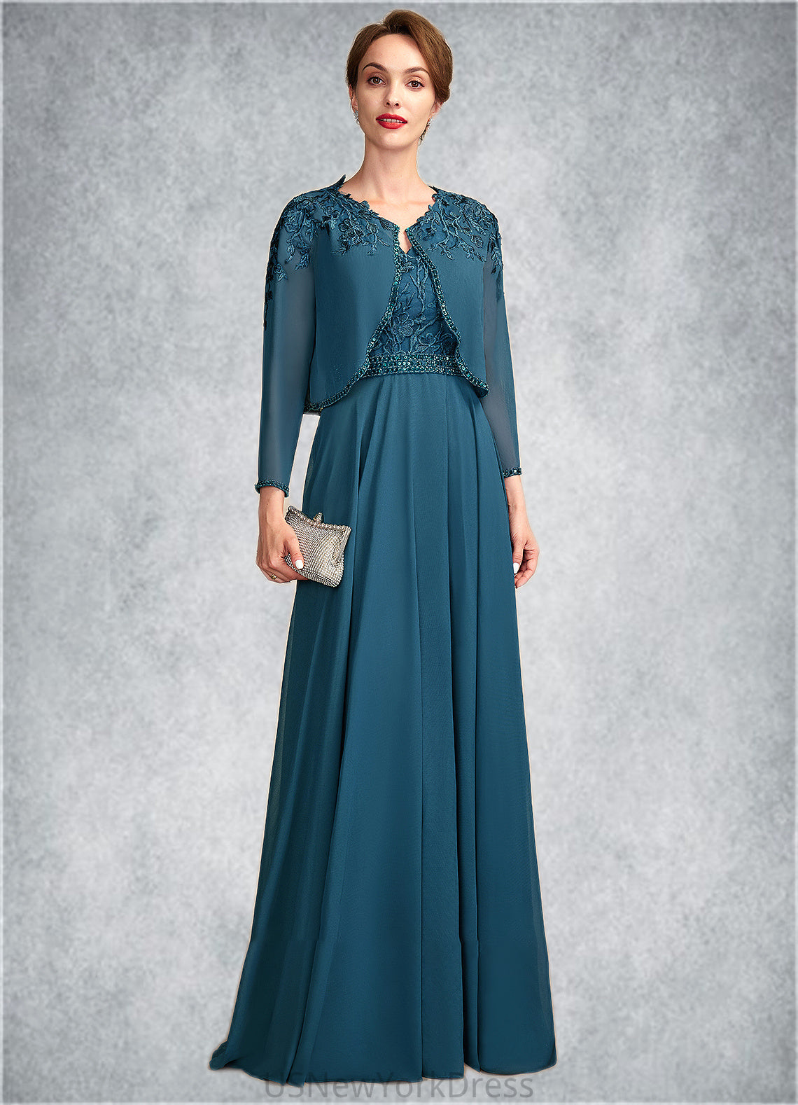 Delilah A-Line V-neck Floor-Length Chiffon Lace Mother of the Bride Dress With Beading Sequins DJ126P0015004