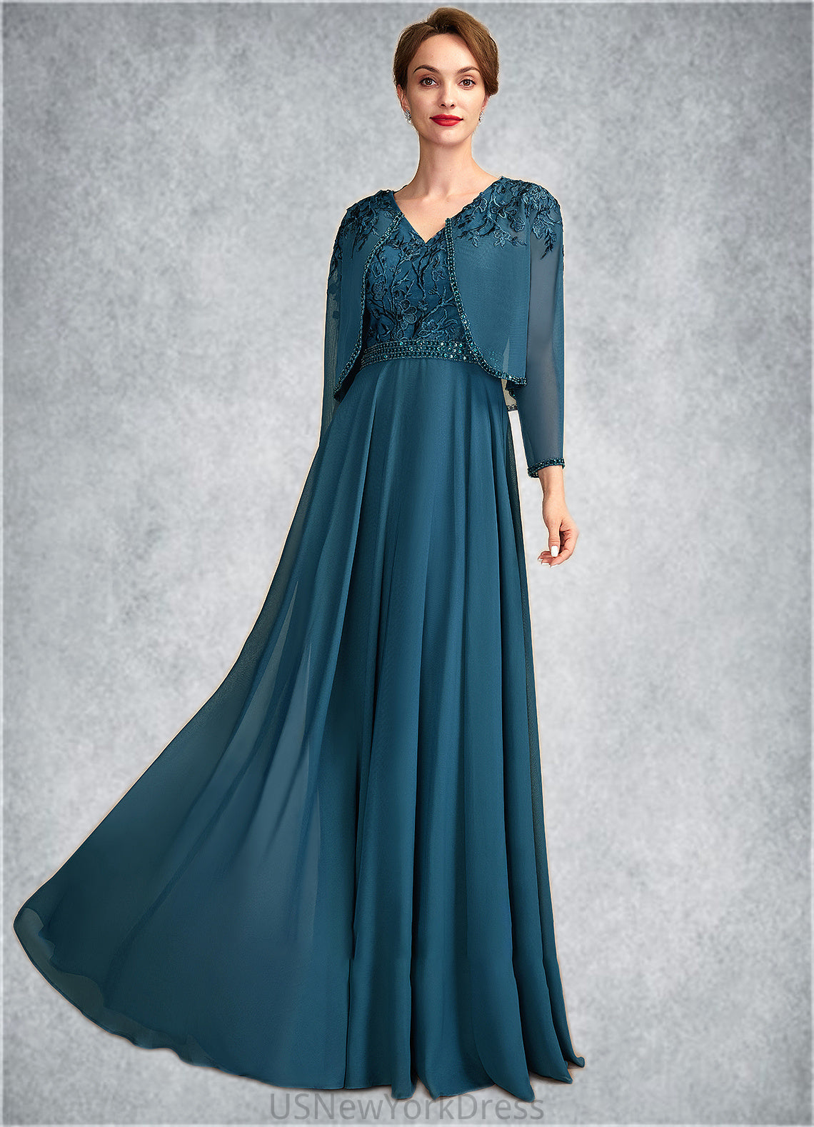 Delilah A-Line V-neck Floor-Length Chiffon Lace Mother of the Bride Dress With Beading Sequins DJ126P0015004