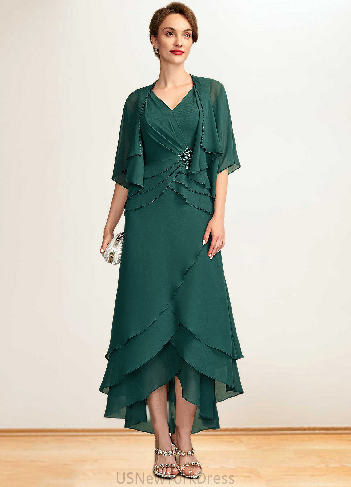 Kennedy A-Line V-neck Asymmetrical Chiffon Mother of the Bride Dress With Beading Sequins Cascading Ruffles DJ126P0015005