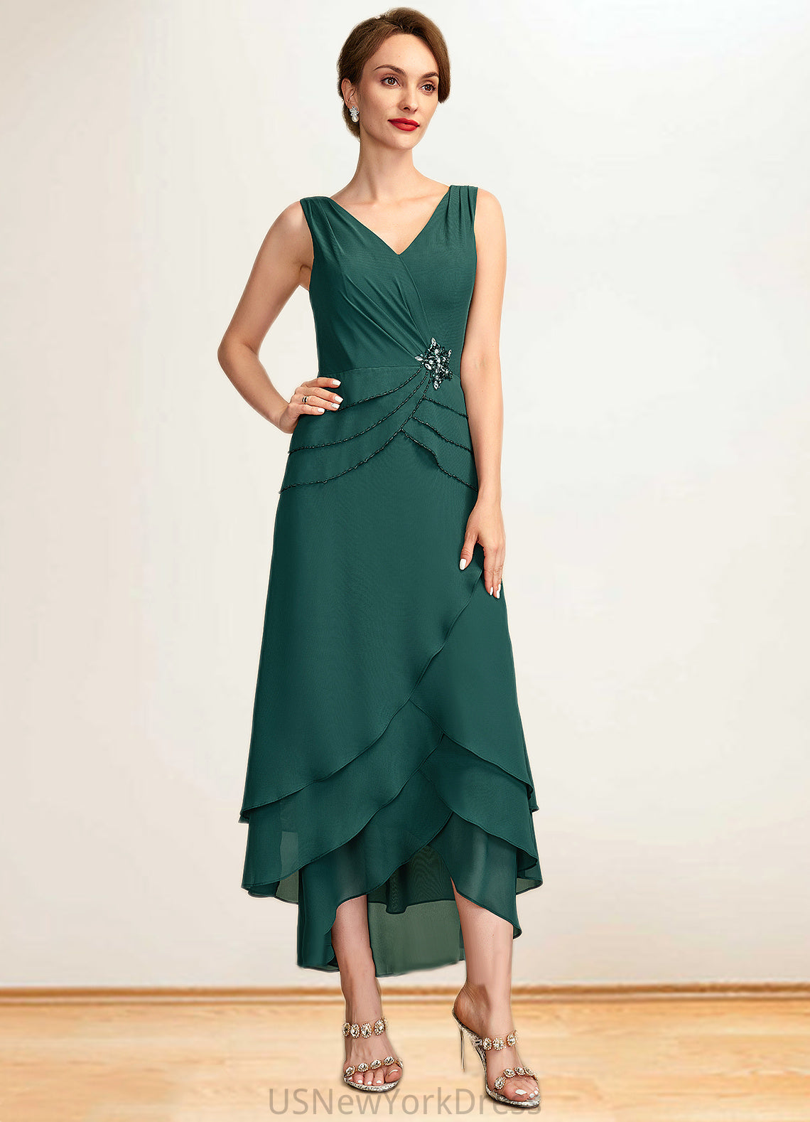 Kennedy A-Line V-neck Asymmetrical Chiffon Mother of the Bride Dress With Beading Sequins Cascading Ruffles DJ126P0015005