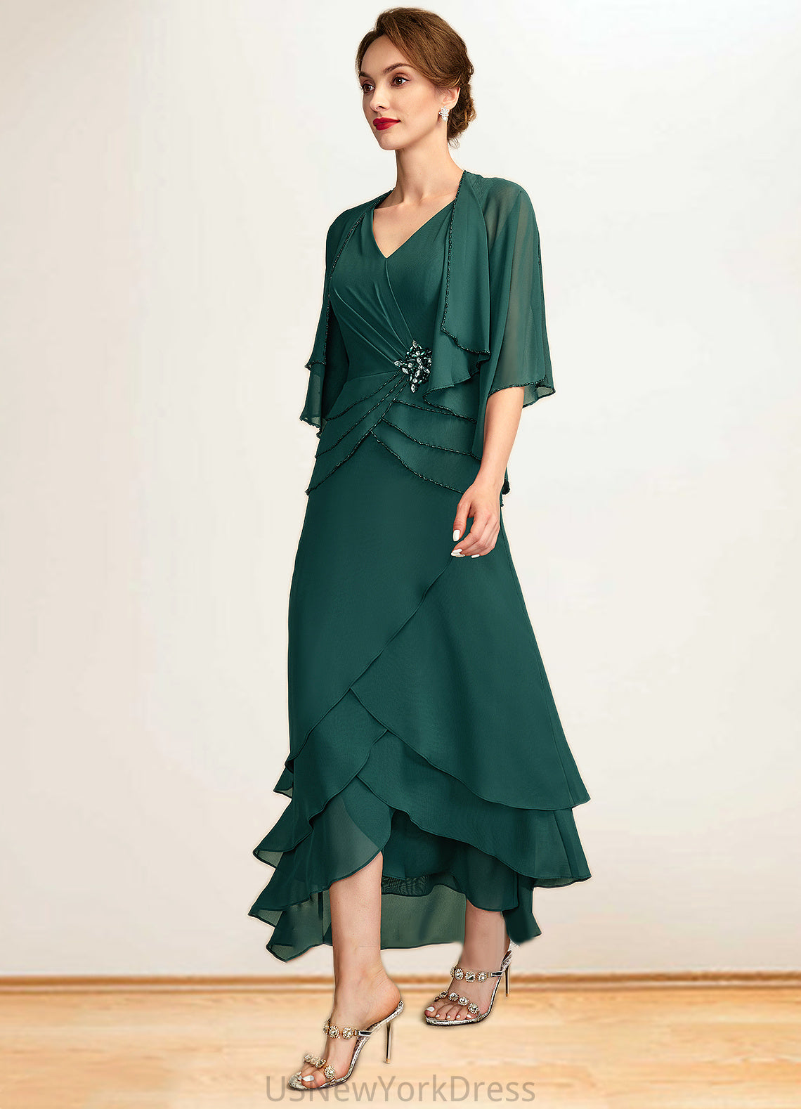 Kennedy A-Line V-neck Asymmetrical Chiffon Mother of the Bride Dress With Beading Sequins Cascading Ruffles DJ126P0015005