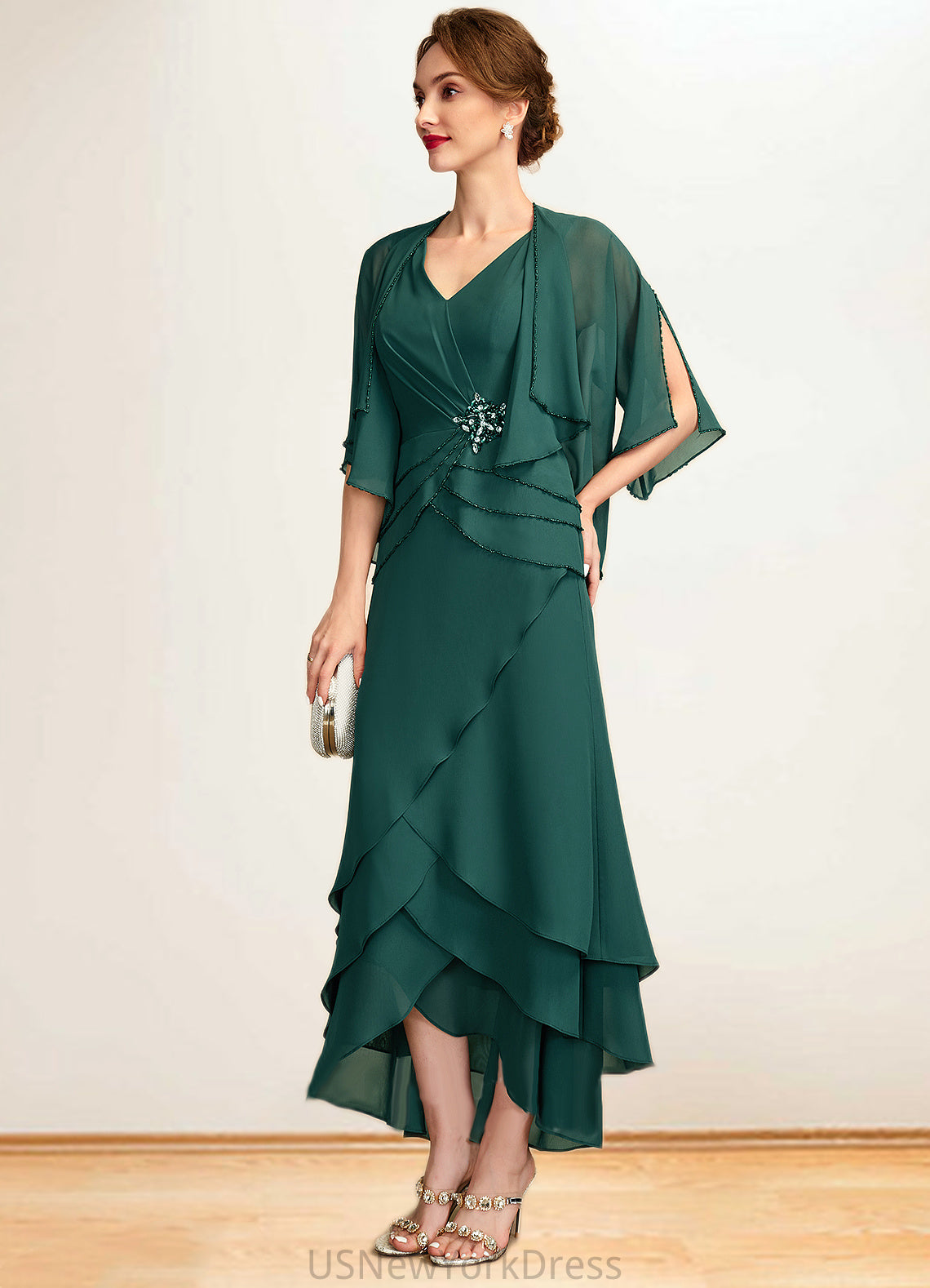 Kennedy A-Line V-neck Asymmetrical Chiffon Mother of the Bride Dress With Beading Sequins Cascading Ruffles DJ126P0015005