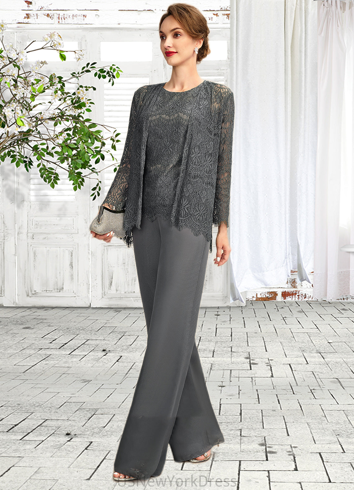 Sydney Jumpsuit/Pantsuit Scoop Neck Floor-Length Chiffon Lace Mother of the Bride Dress DJ126P0015006