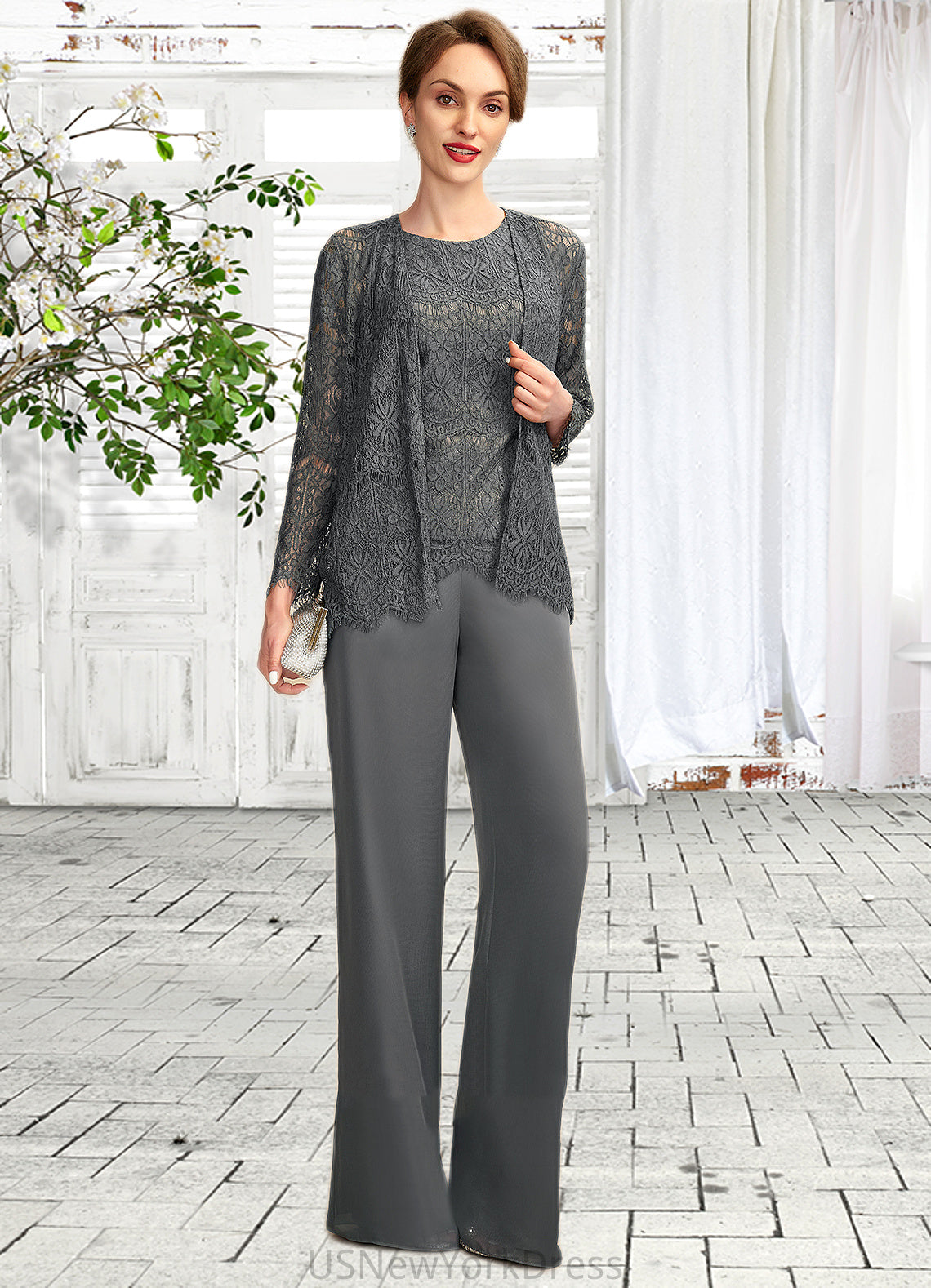 Sydney Jumpsuit/Pantsuit Scoop Neck Floor-Length Chiffon Lace Mother of the Bride Dress DJ126P0015006