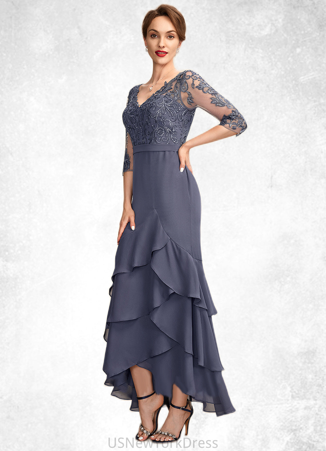 Brenna Trumpet/Mermaid V-neck Asymmetrical Chiffon Lace Mother of the Bride Dress With Sequins Cascading Ruffles DJ126P0015007