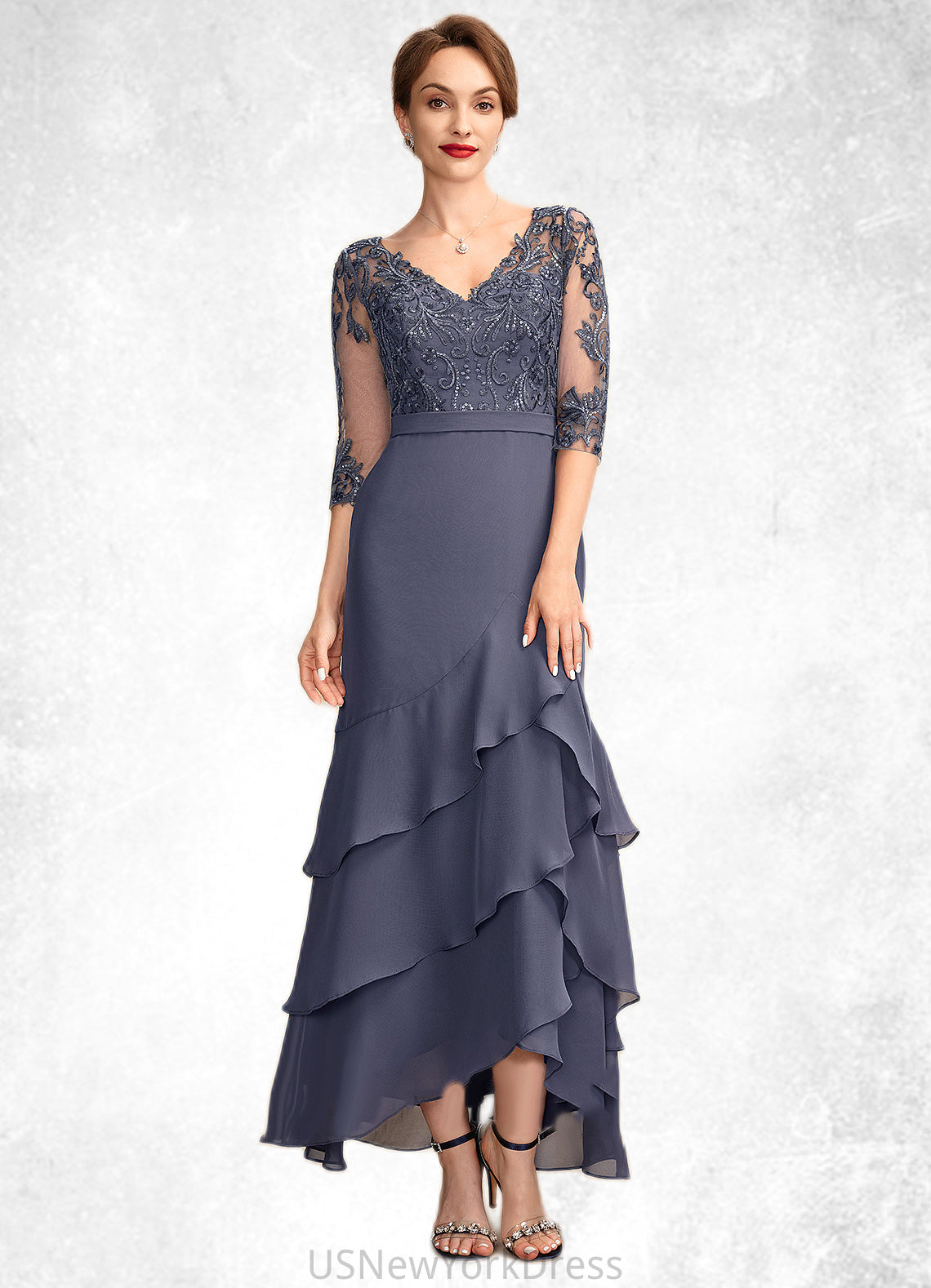 Brenna Trumpet/Mermaid V-neck Asymmetrical Chiffon Lace Mother of the Bride Dress With Sequins Cascading Ruffles DJ126P0015007