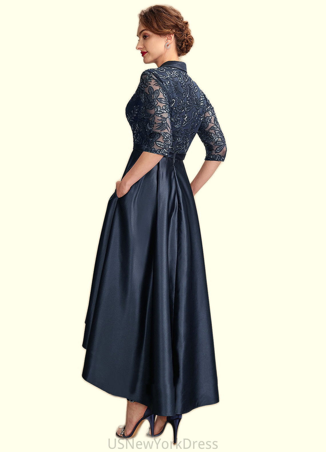 Aria A-Line V-neck Asymmetrical Satin Lace Mother of the Bride Dress With Sequins Pockets DJ126P0015008