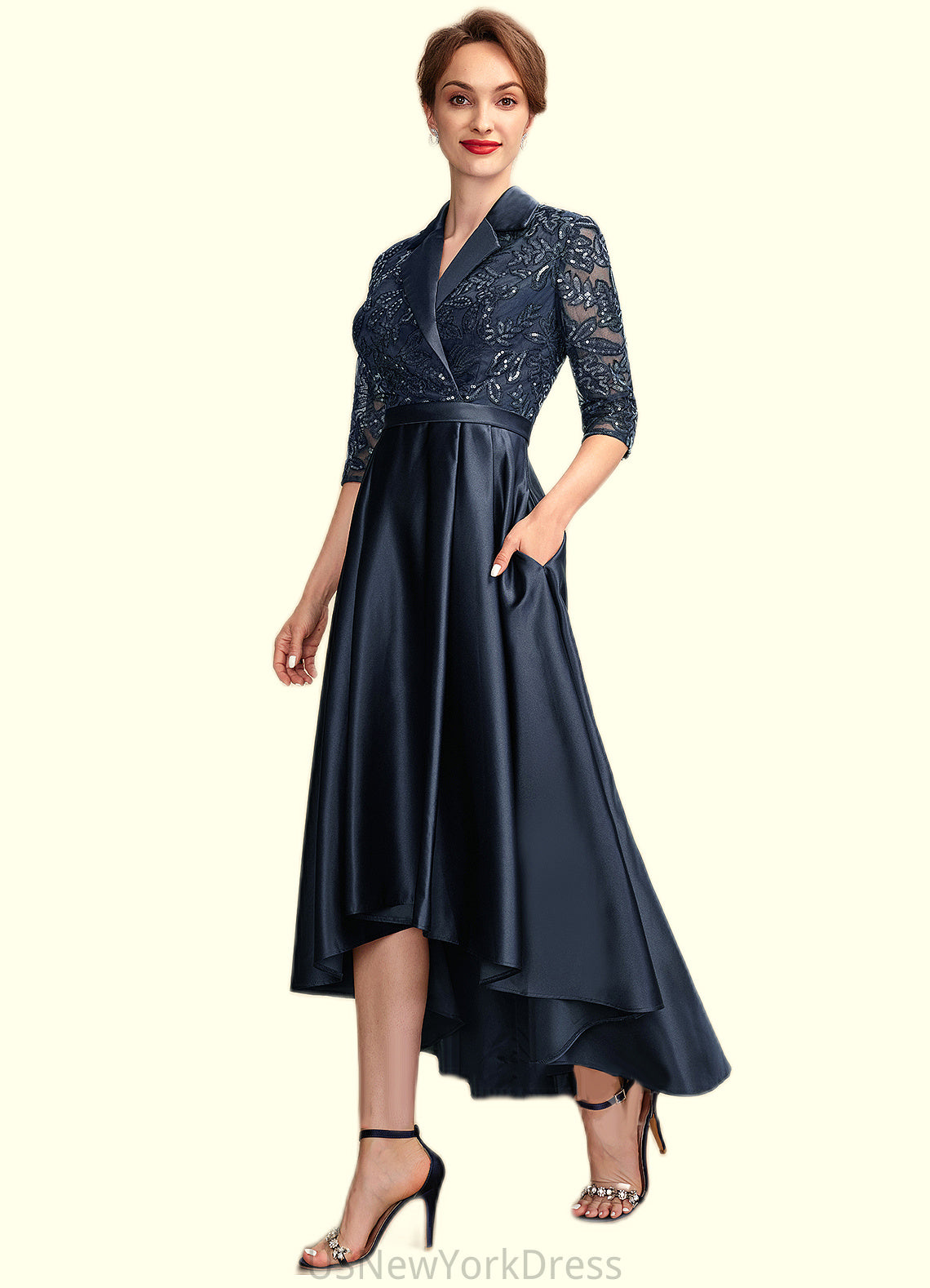 Aria A-Line V-neck Asymmetrical Satin Lace Mother of the Bride Dress With Sequins Pockets DJ126P0015008