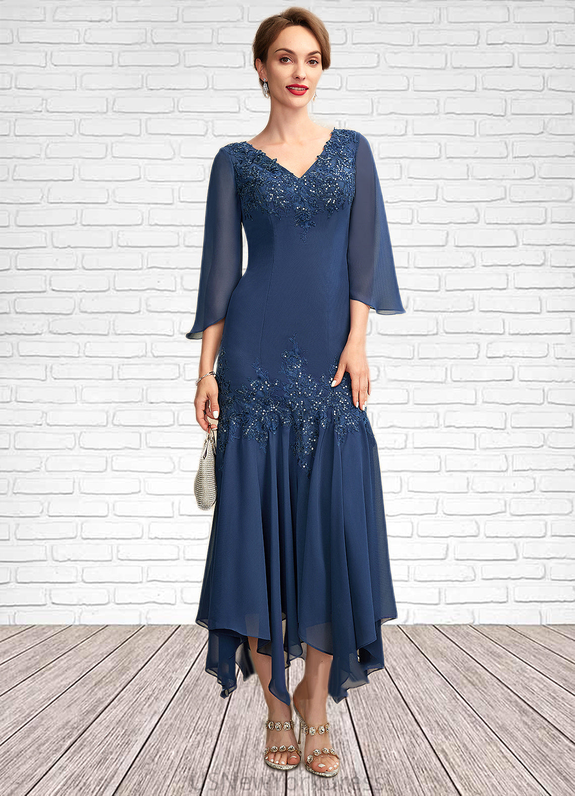 Kianna Trumpet/Mermaid V-neck Ankle-Length Chiffon Mother of the Bride Dress With Appliques Lace Sequins DJ126P0015009