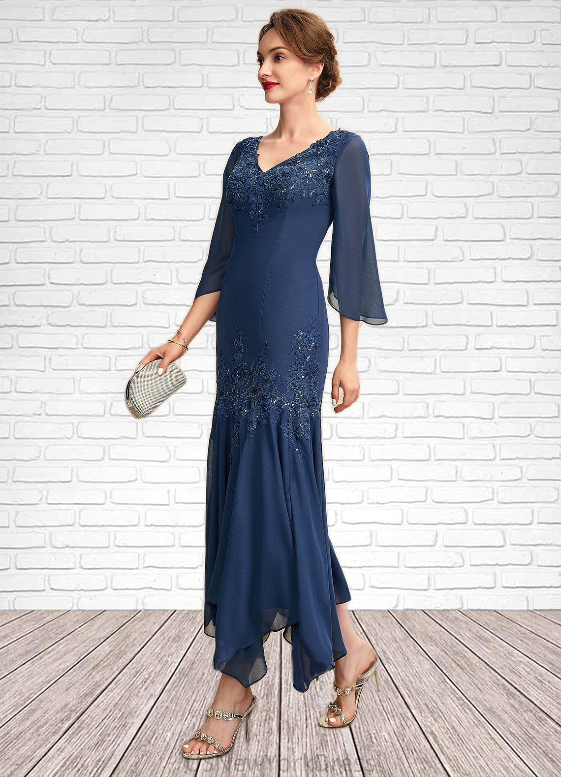 Kianna Trumpet/Mermaid V-neck Ankle-Length Chiffon Mother of the Bride Dress With Appliques Lace Sequins DJ126P0015009