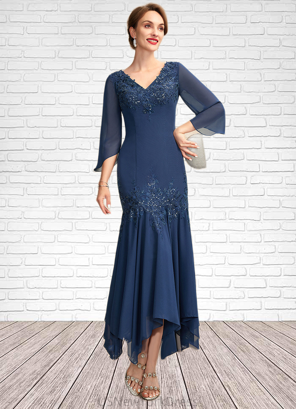 Kianna Trumpet/Mermaid V-neck Ankle-Length Chiffon Mother of the Bride Dress With Appliques Lace Sequins DJ126P0015009