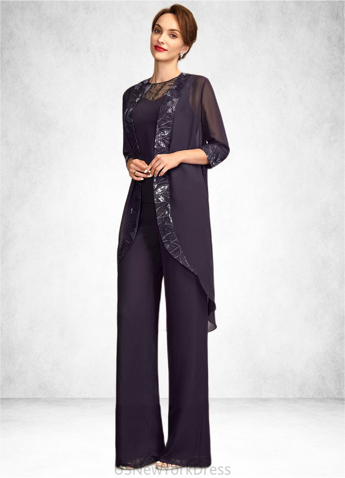 Athena Jumpsuit/Pantsuit Scoop Neck Floor-Length Chiffon Lace Mother of the Bride Dress With Sequins DJ126P0015010