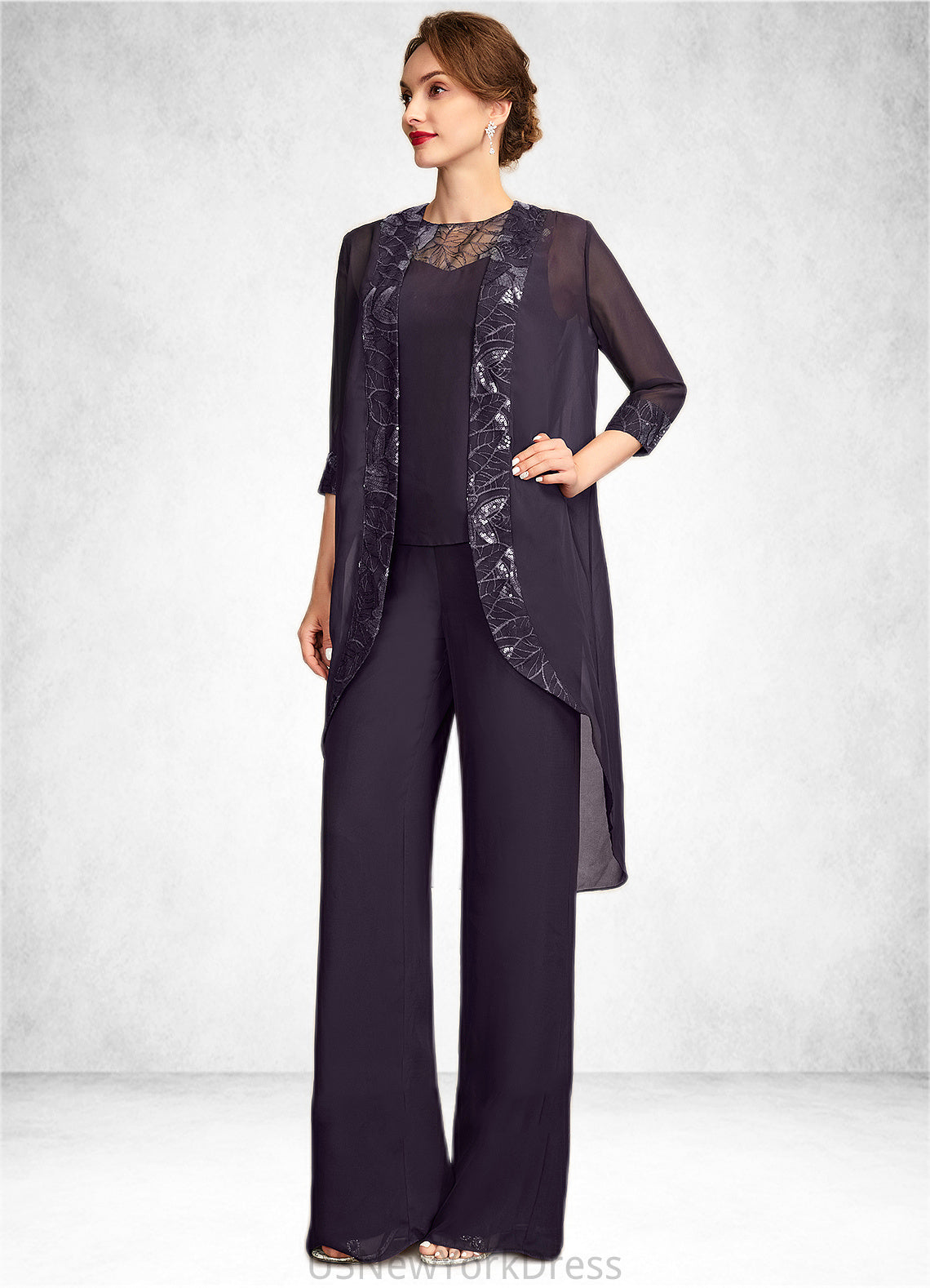 Athena Jumpsuit/Pantsuit Scoop Neck Floor-Length Chiffon Lace Mother of the Bride Dress With Sequins DJ126P0015010