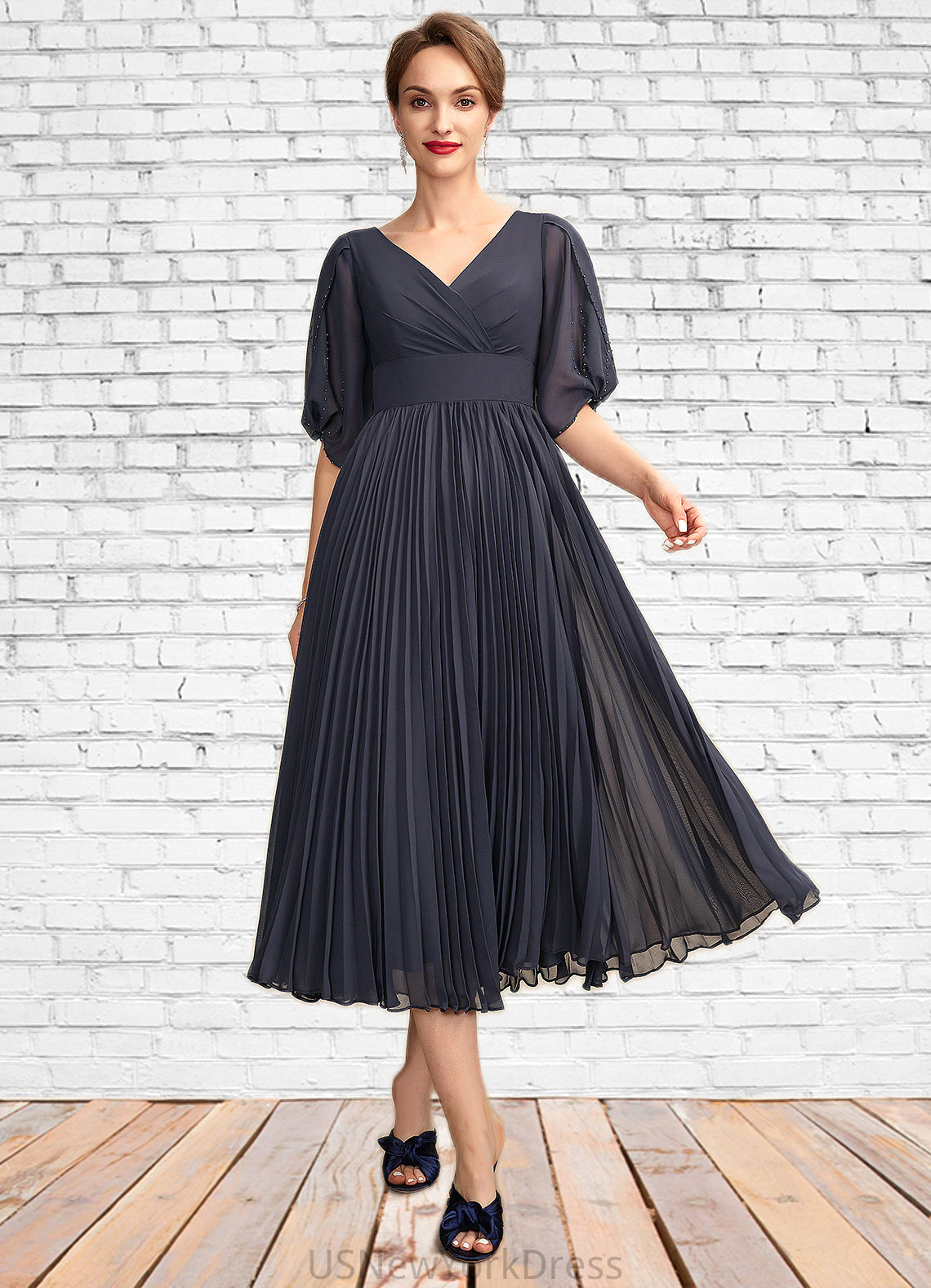 Kiley A-Line V-neck Tea-Length Chiffon Mother of the Bride Dress With Pleated DJ126P0015012