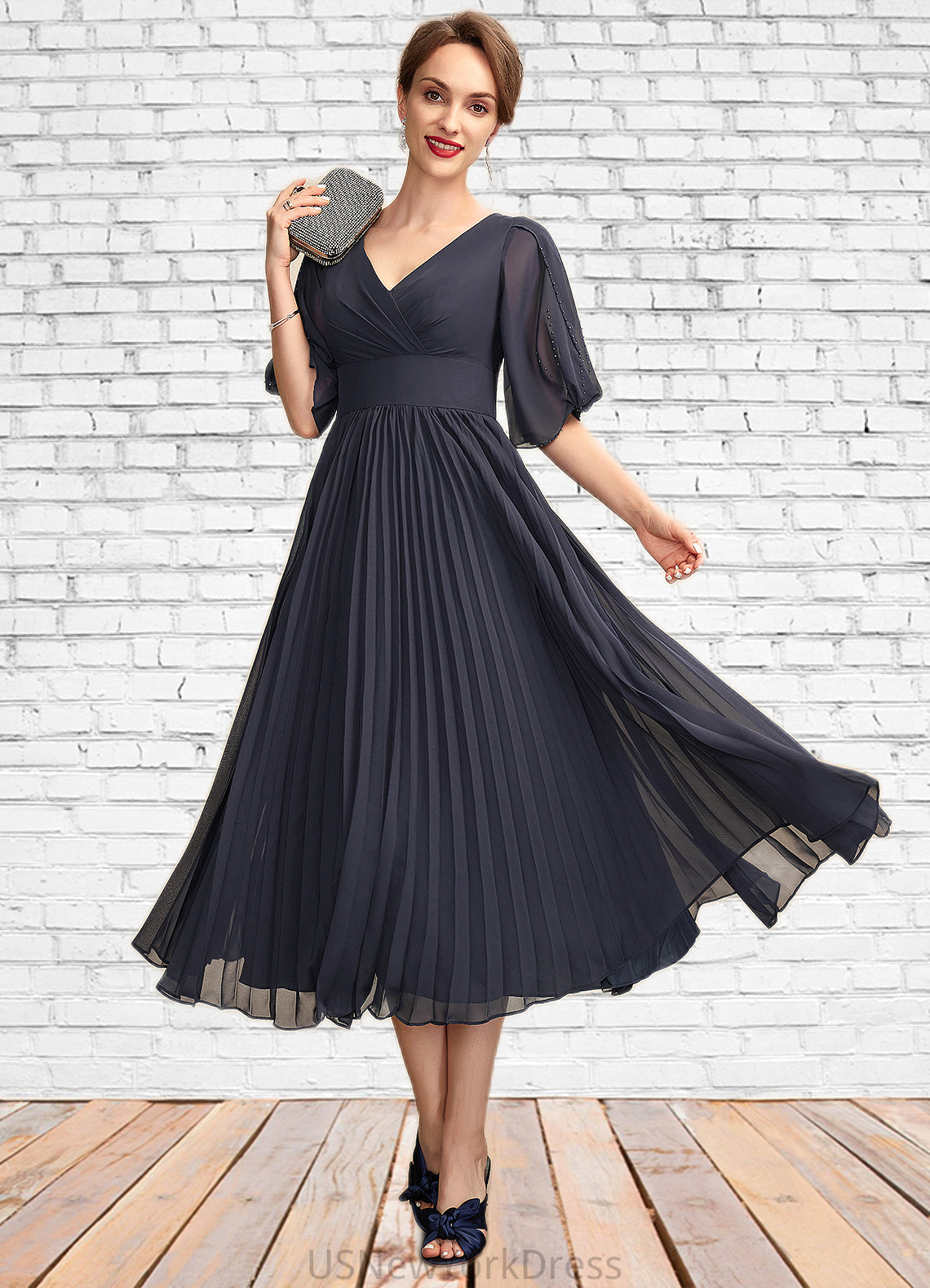 Kiley A-Line V-neck Tea-Length Chiffon Mother of the Bride Dress With Pleated DJ126P0015012