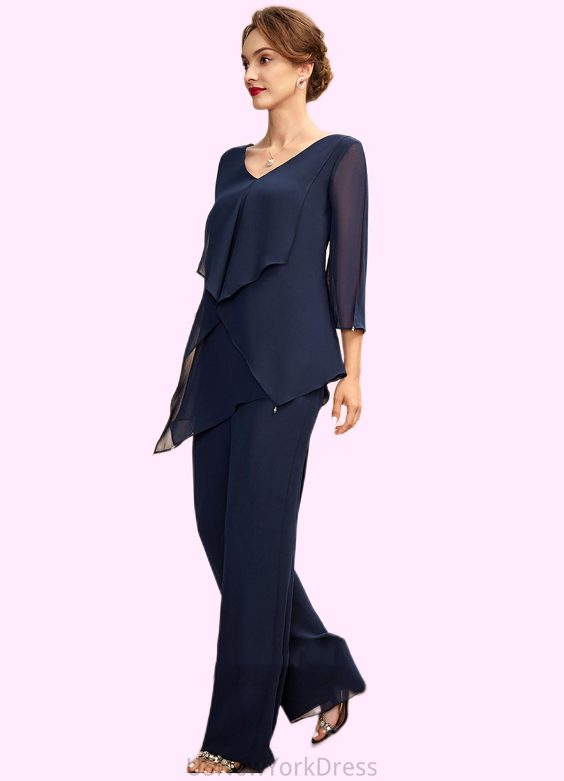 Yasmine Jumpsuit/Pantsuit V-neck Floor-Length Chiffon Mother of the Bride Dress With Cascading Ruffles DJ126P0015019