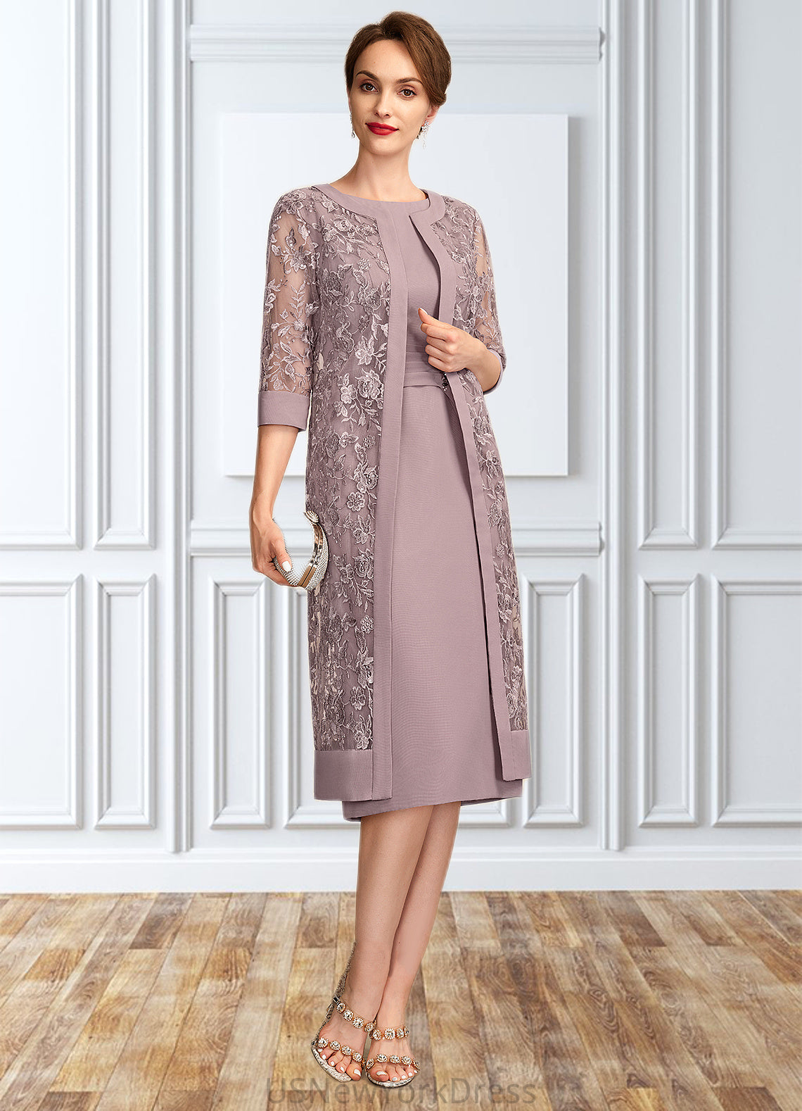 Brooklyn Sheath/Column Scoop Neck Knee-Length Chiffon Mother of the Bride Dress With Ruffle Sequins DJ126P0015023