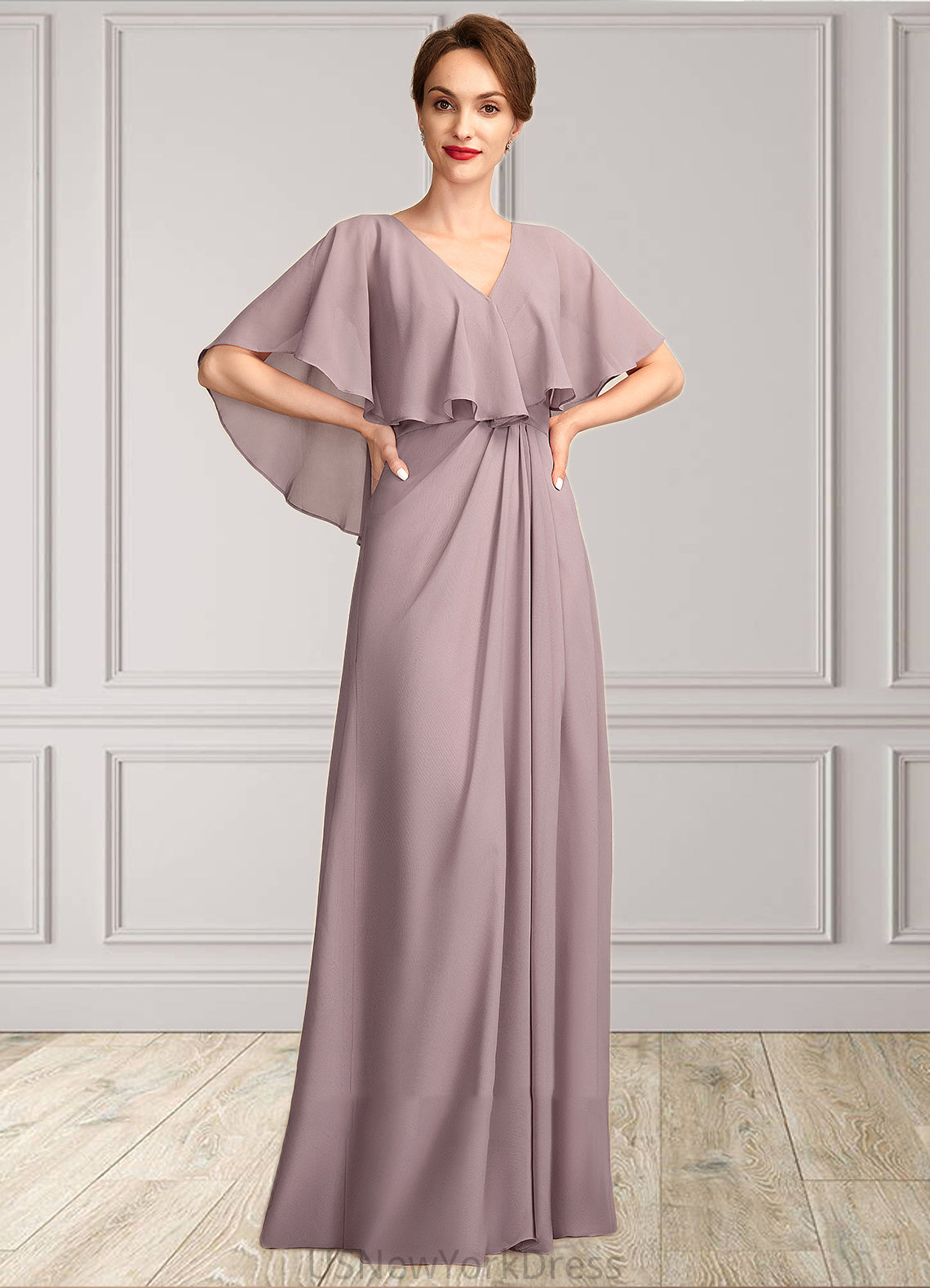 Aryana A-Line V-neck Floor-Length Chiffon Mother of the Bride Dress With Ruffle DJ126P0015026