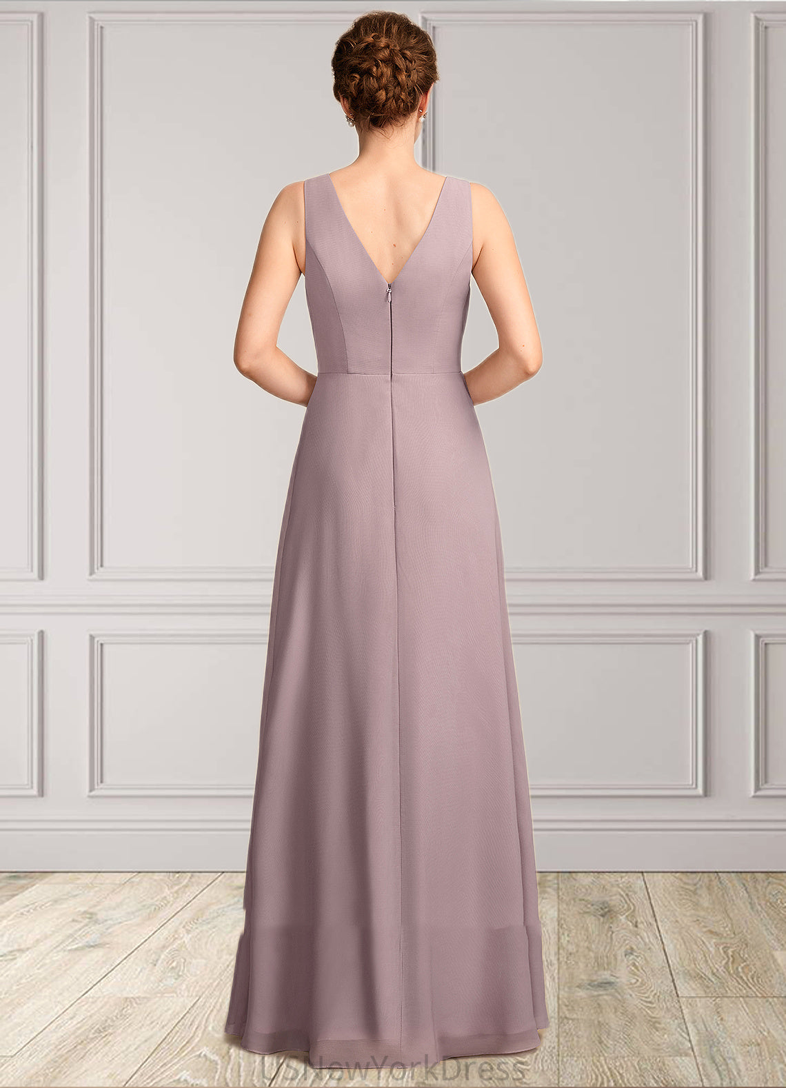 Aryana A-Line V-neck Floor-Length Chiffon Mother of the Bride Dress With Ruffle DJ126P0015026