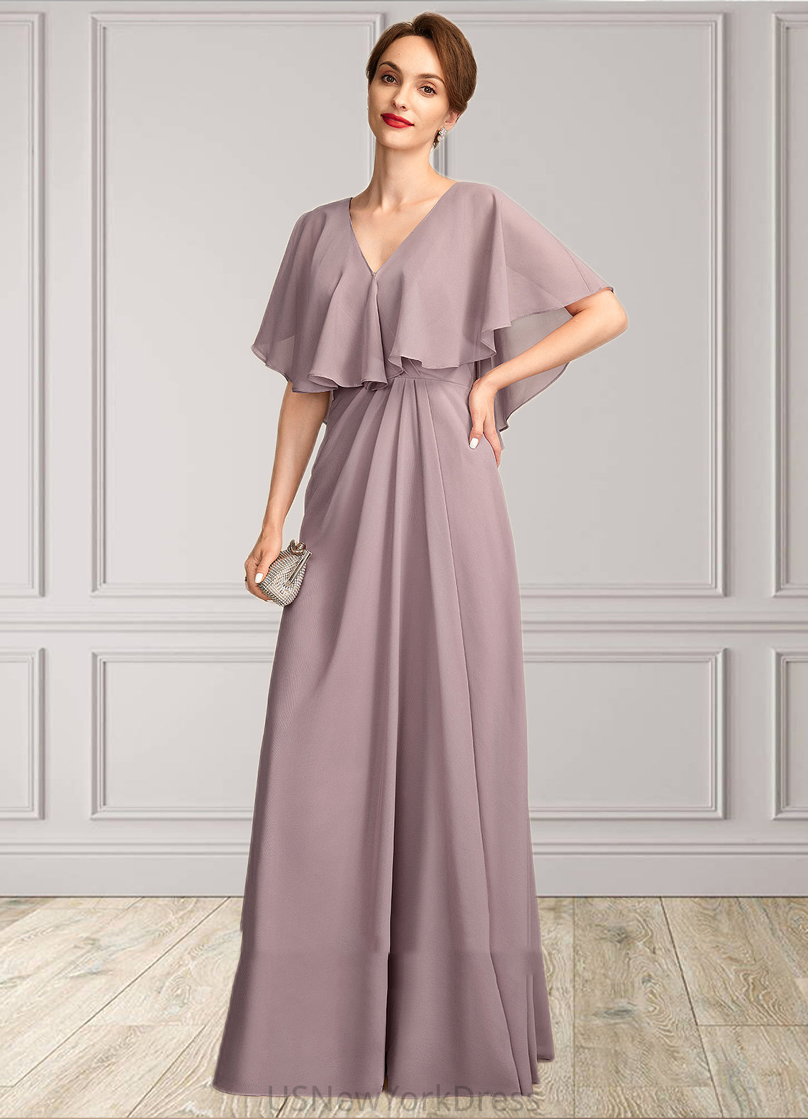 Aryana A-Line V-neck Floor-Length Chiffon Mother of the Bride Dress With Ruffle DJ126P0015026