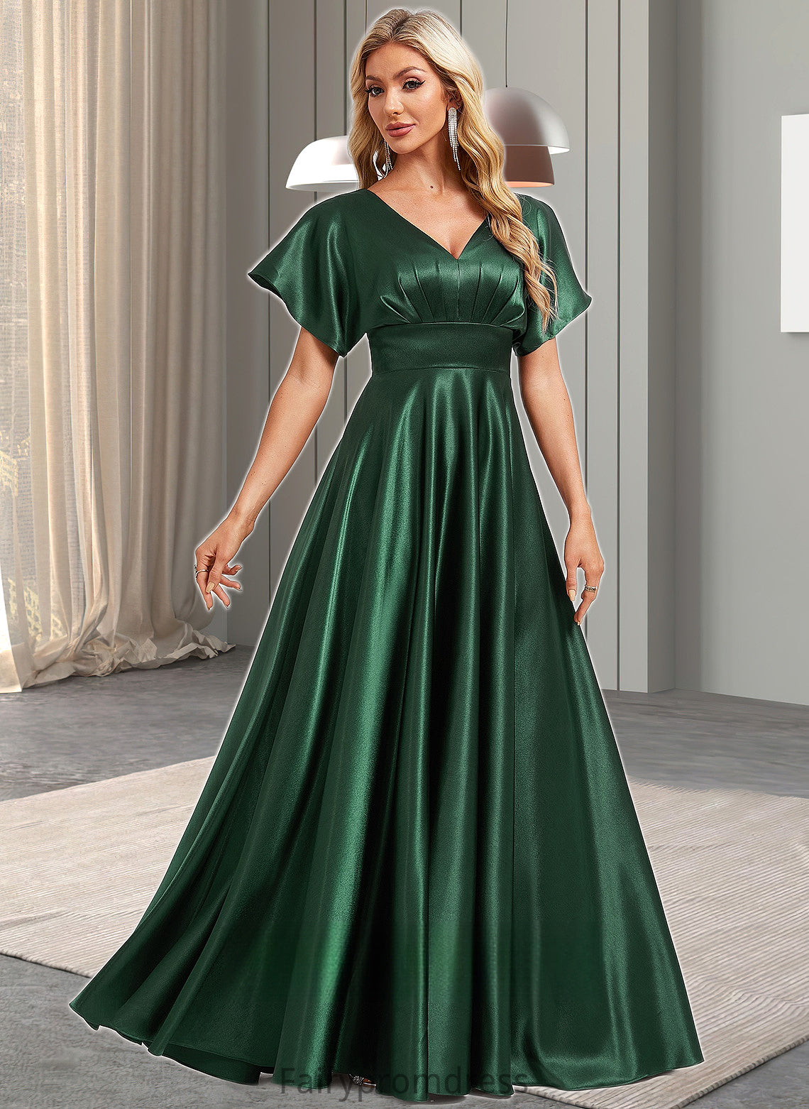 Hadassah A-line V-Neck Floor-Length Stretch Satin Bridesmaid Dress DJP0025782