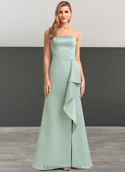 Ashleigh A-line Square Floor-Length Satin Bridesmaid Dress With Ruffle DJP0025736