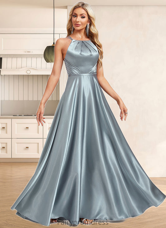 Mira A-line Halter Floor-Length Stretch Satin Bridesmaid Dress DJP0025783