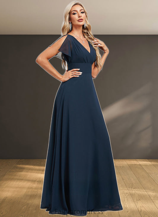 Yareli A-line V-Neck Floor-Length Chiffon Bridesmaid Dress DJP0025806