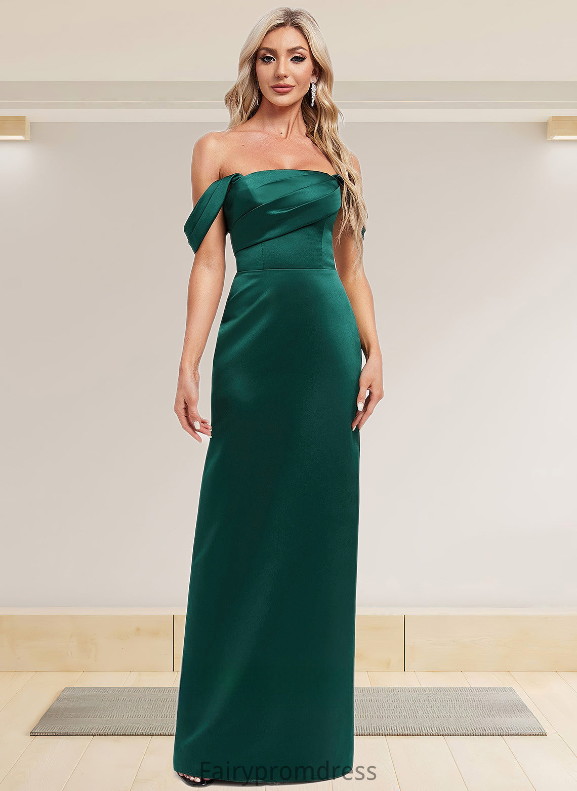 Reese Sheath/Column Off the Shoulder Floor-Length Satin Bridesmaid Dress DJP0025815