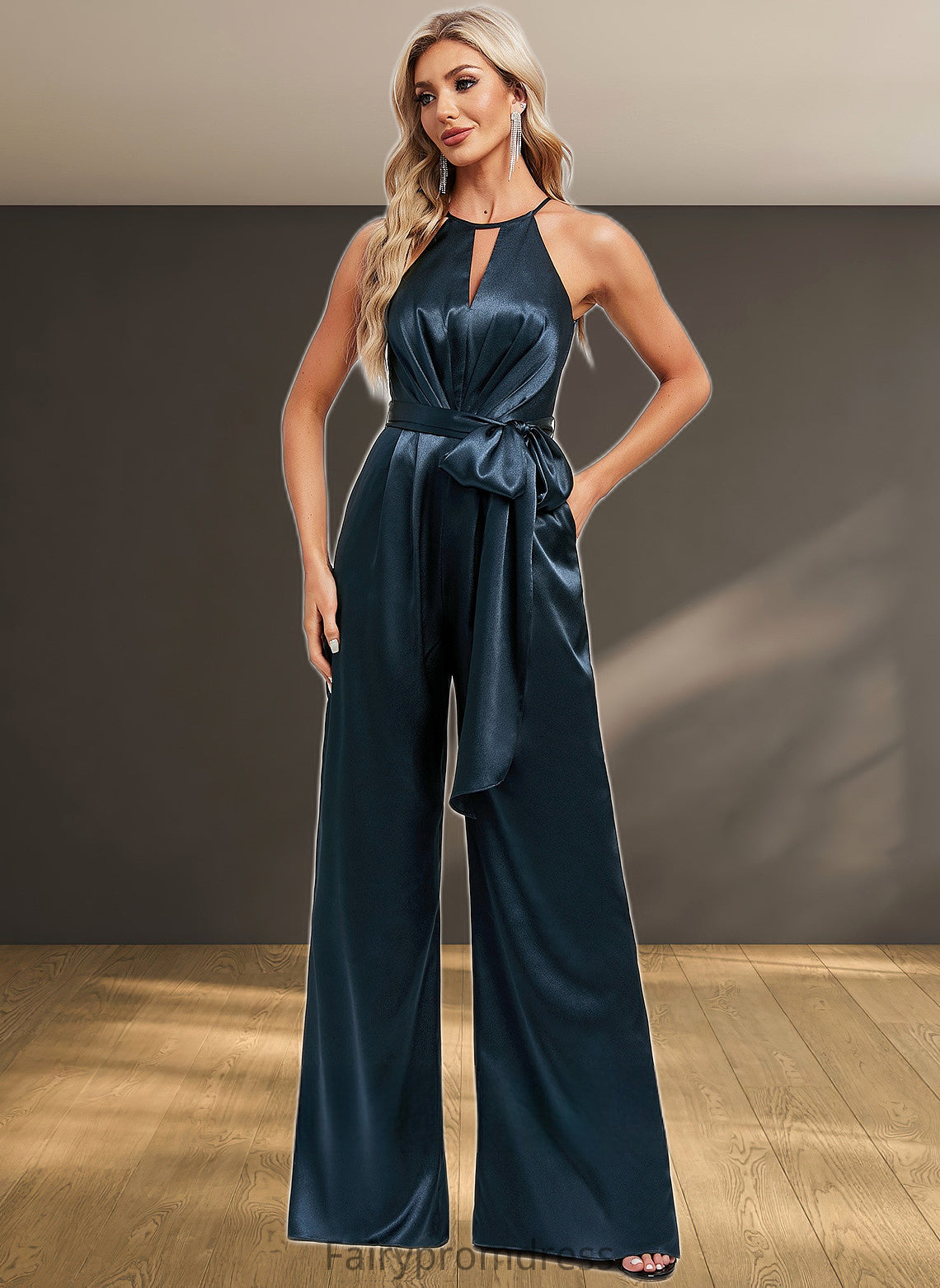 Michelle Jumpsuit/Pantsuit Halter Floor-Length Stretch Satin Bridesmaid Dress DJP0025805