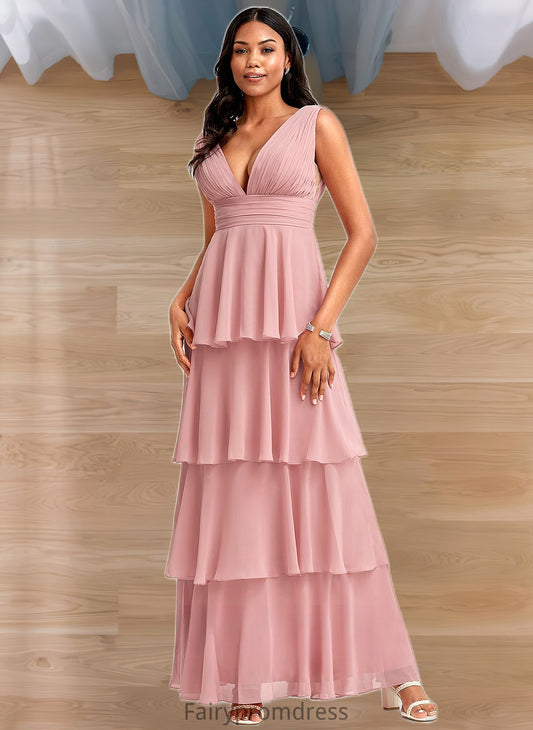 Taniyah A-line V-Neck Floor-Length Chiffon Bridesmaid Dress DJP0025749