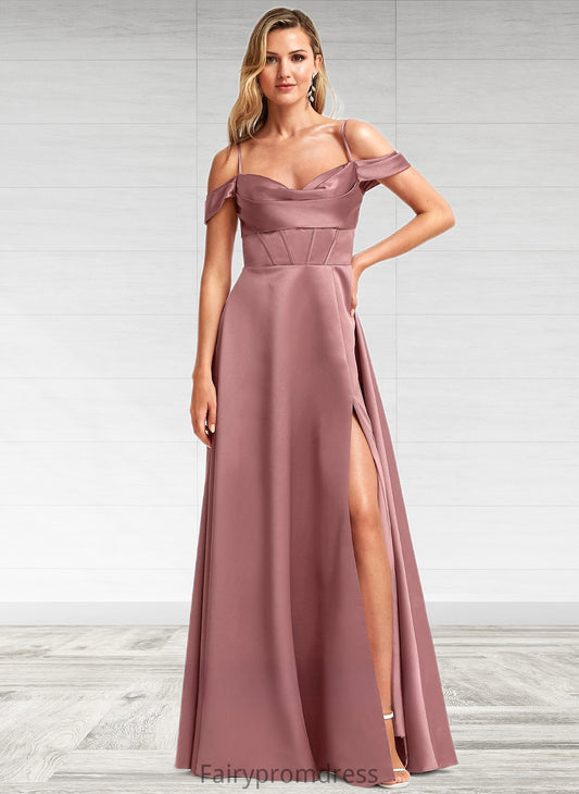 Amya A-line Cold Shoulder Floor-Length Satin Bridesmaid Dress DJP0025750