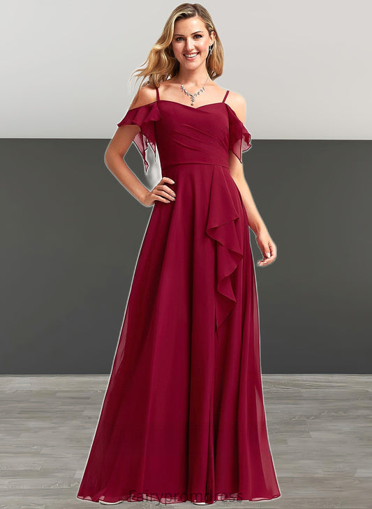 Amiyah A-line Cold Shoulder Floor-Length Chiffon Bridesmaid Dress With Ruffle DJP0025755