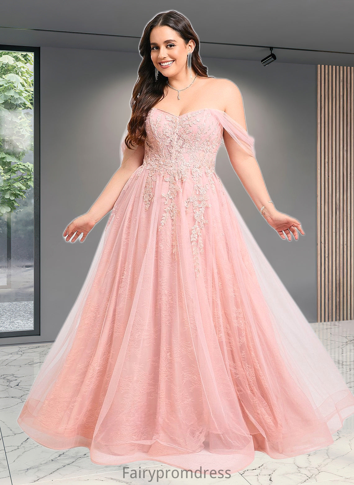 Gwendolyn A-line Sweetheart Off the Shoulder Floor-Length Tulle Floral Lace Prom Dresses With Appliques Lace DJP0025870