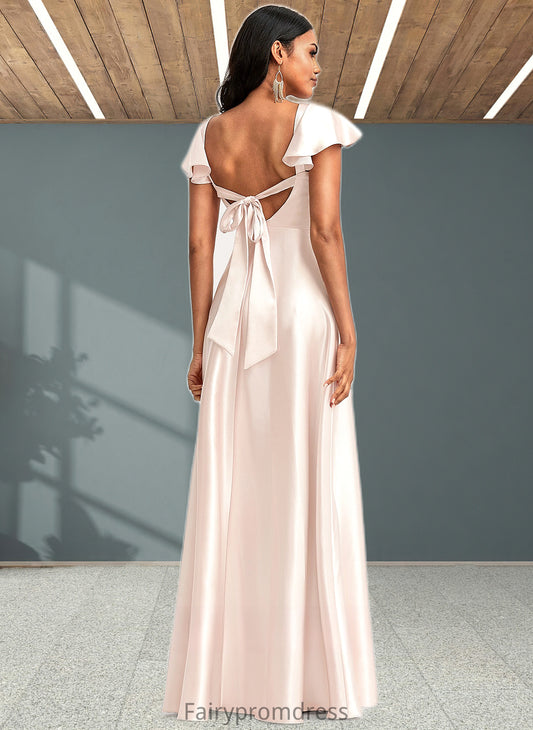 Megan A-line V-Neck Floor-Length Stretch Satin Bridesmaid Dress With Bow DJP0025759