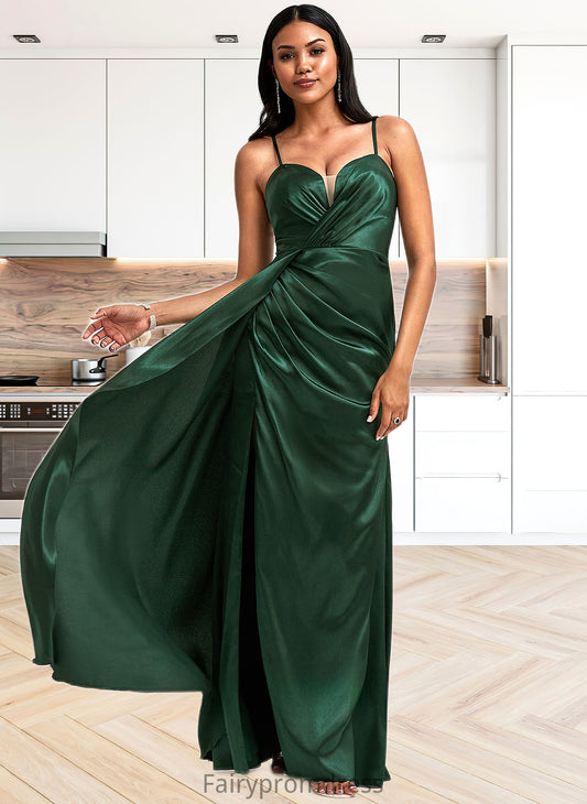 Michelle A-line V-Neck Floor-Length Stretch Satin Bridesmaid Dress DJP0025745