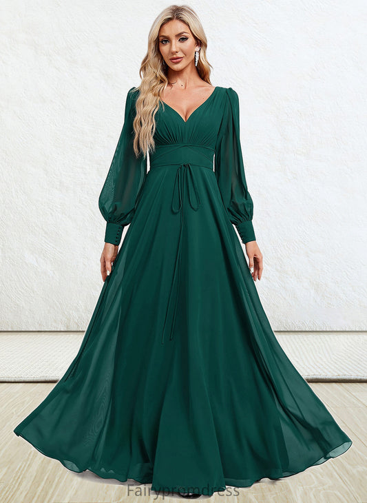 Kaitlynn A-line V-Neck Floor-Length Chiffon Bridesmaid Dress DJP0025816