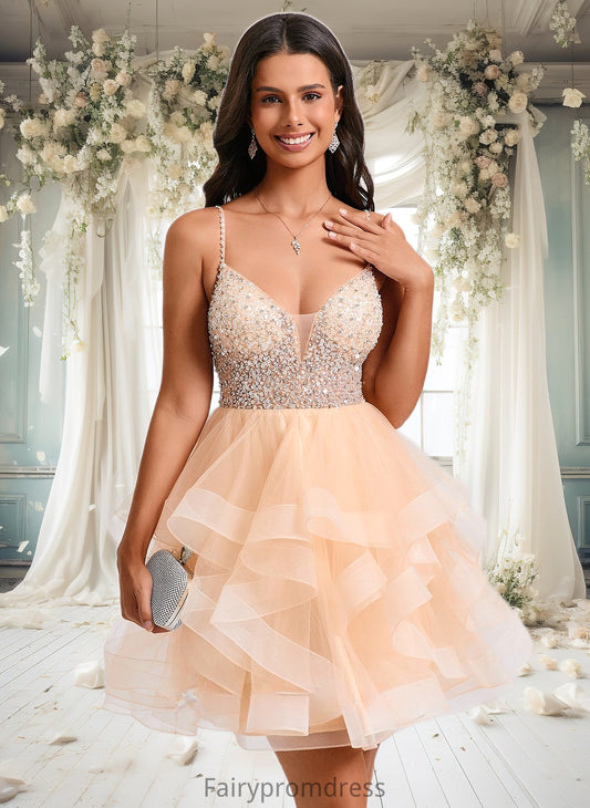 Virginia Ball-Gown/Princess V-Neck Short Tulle Homecoming Dress With Beading Sequins DJP0025646