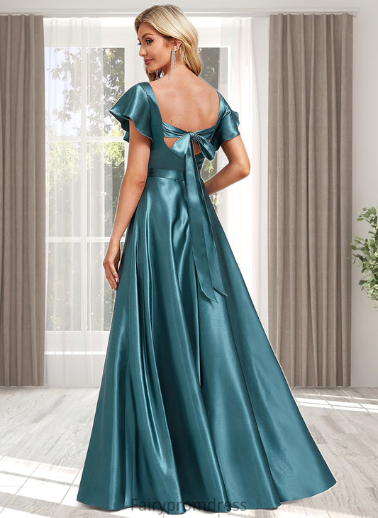 Payton A-line V-Neck Floor-Length Stretch Satin Bridesmaid Dress With Ruffle DJP0025780