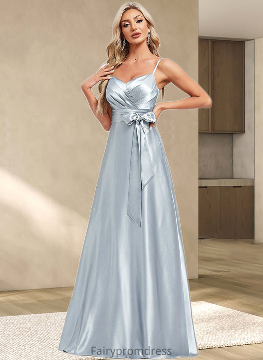 Krista A-line V-Neck Floor-Length Stretch Satin Bridesmaid Dress DJP0025795