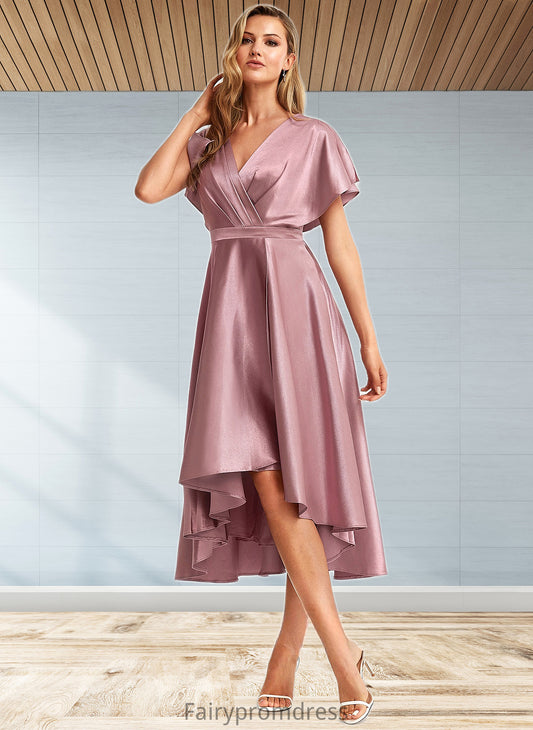 Kaitlin A-line V-Neck Asymmetrical Stretch Satin Bridesmaid Dress DJP0025752